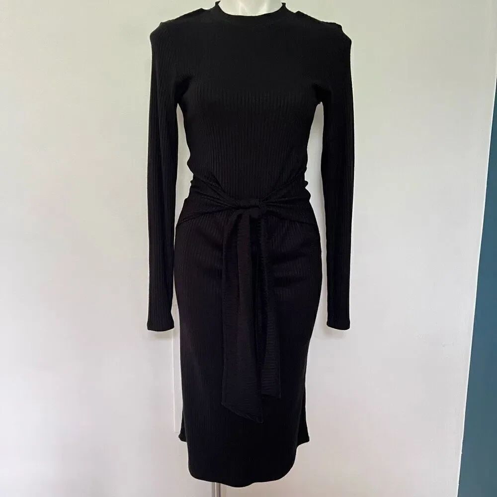 Fourteenth Place Long sleeve ribbed black midi body con dress